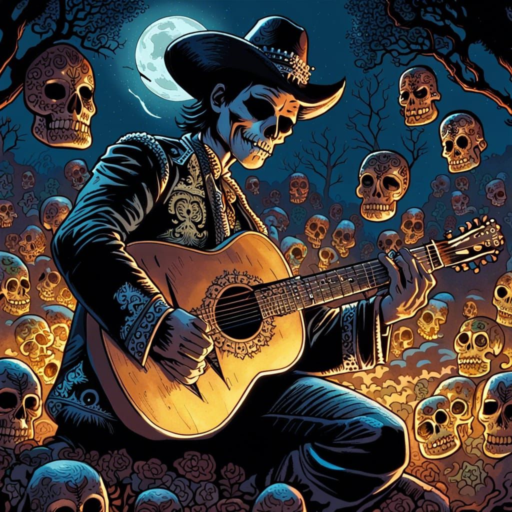 El Mariachi Guitarist Día de los Muertos Comic Art