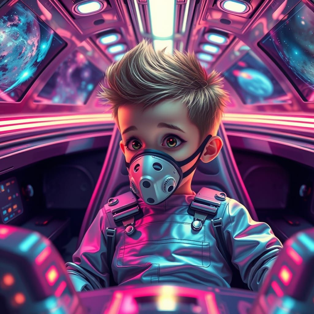 Boy in Spaceship Cockpit in Digital Art Style