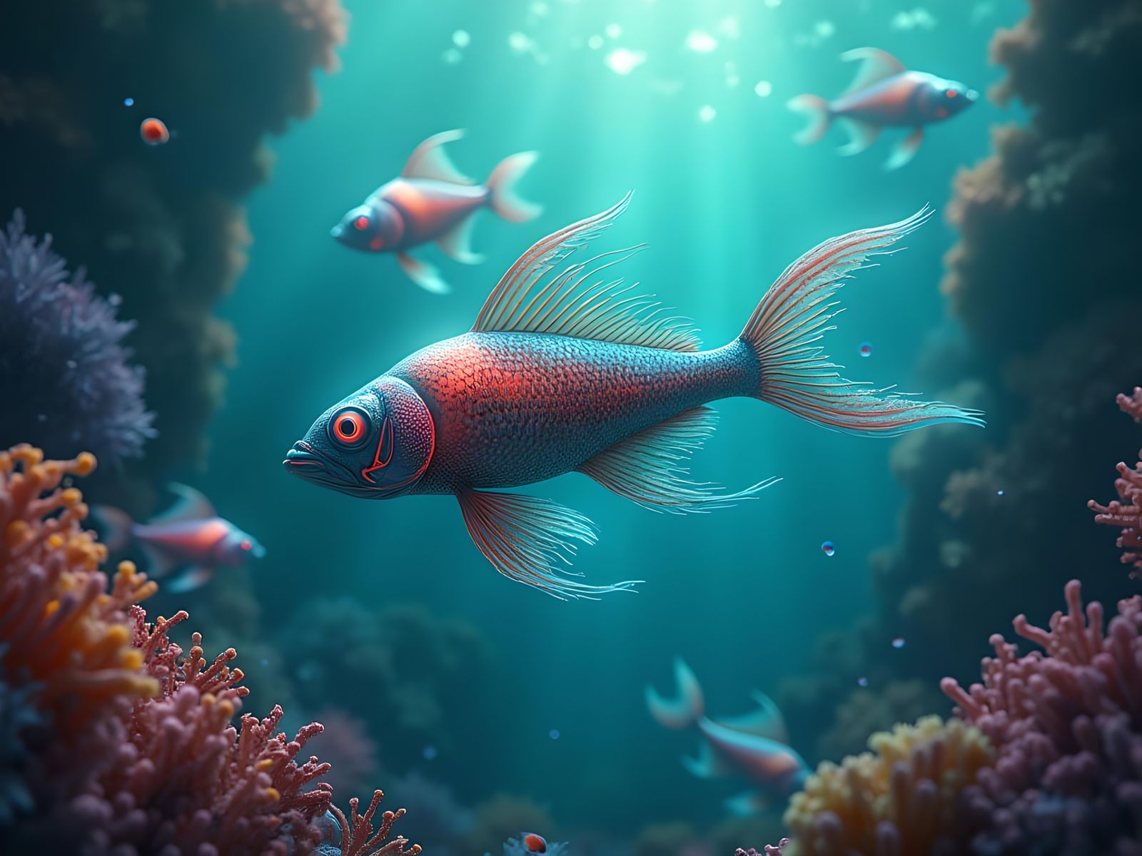 A school of strange fish swim through the ocean with weird l...