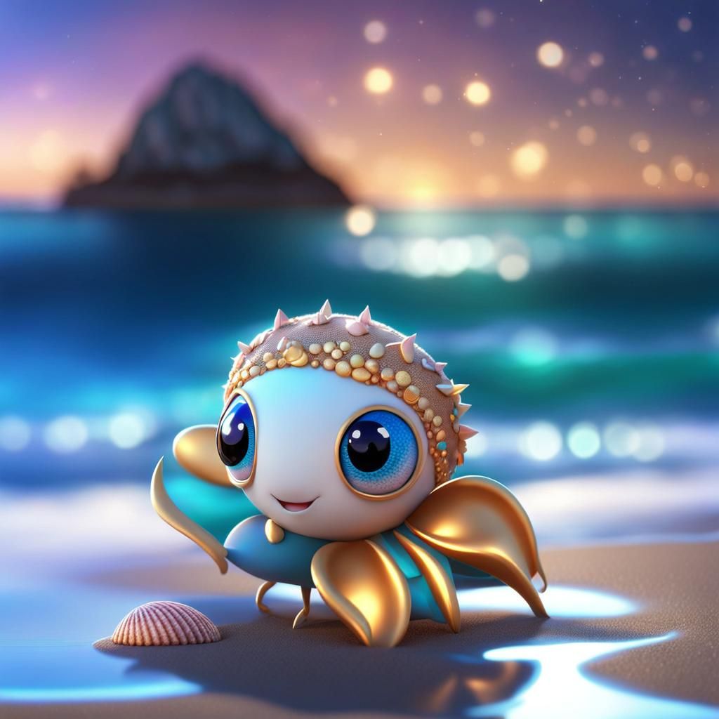 Kawaii Shell Creature on the Beach: 3D Anime Art