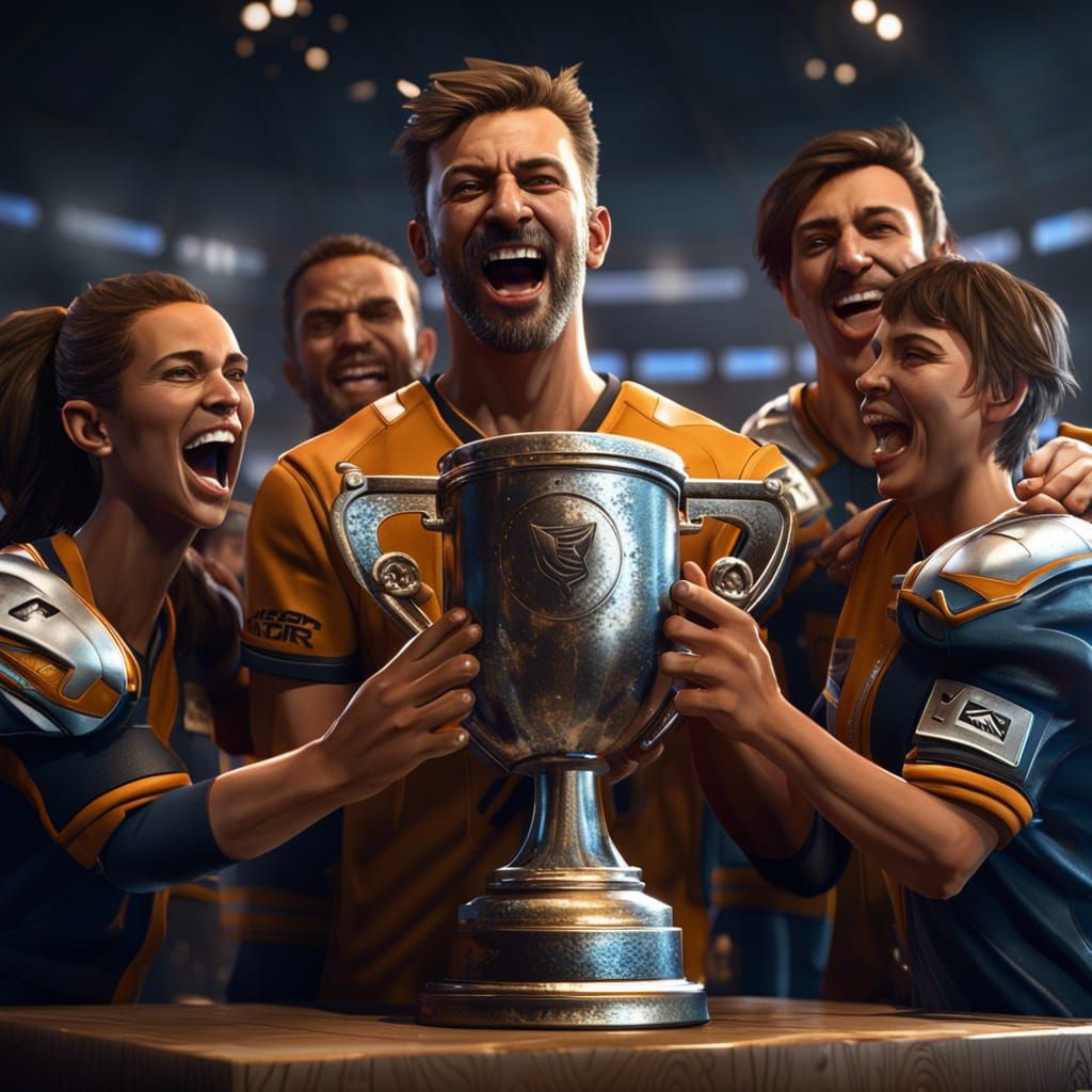 Victorious Team Celebrates with Trophy, Unreal Engine 5