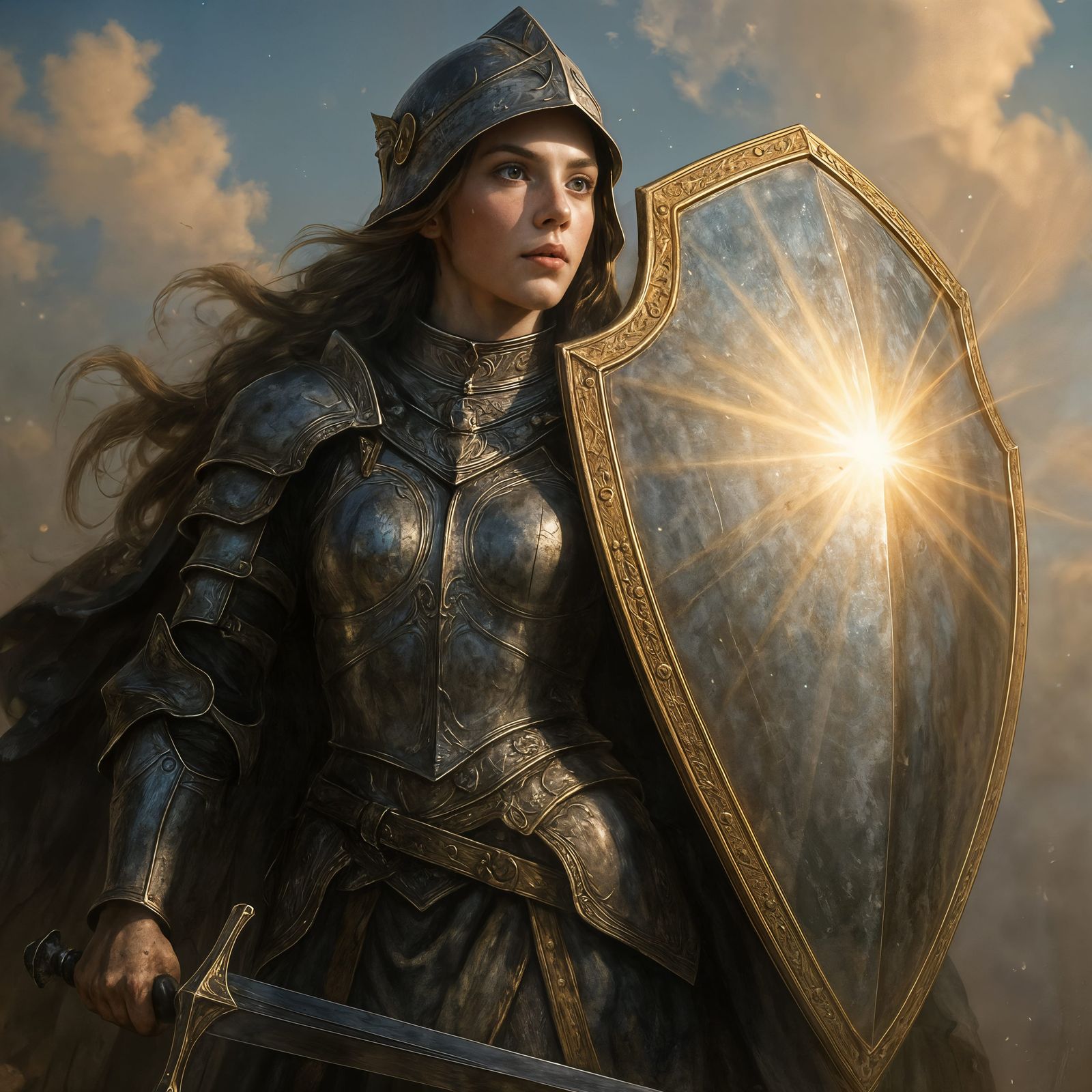 Majestic Female Knight with Shining Shield, CGI Art