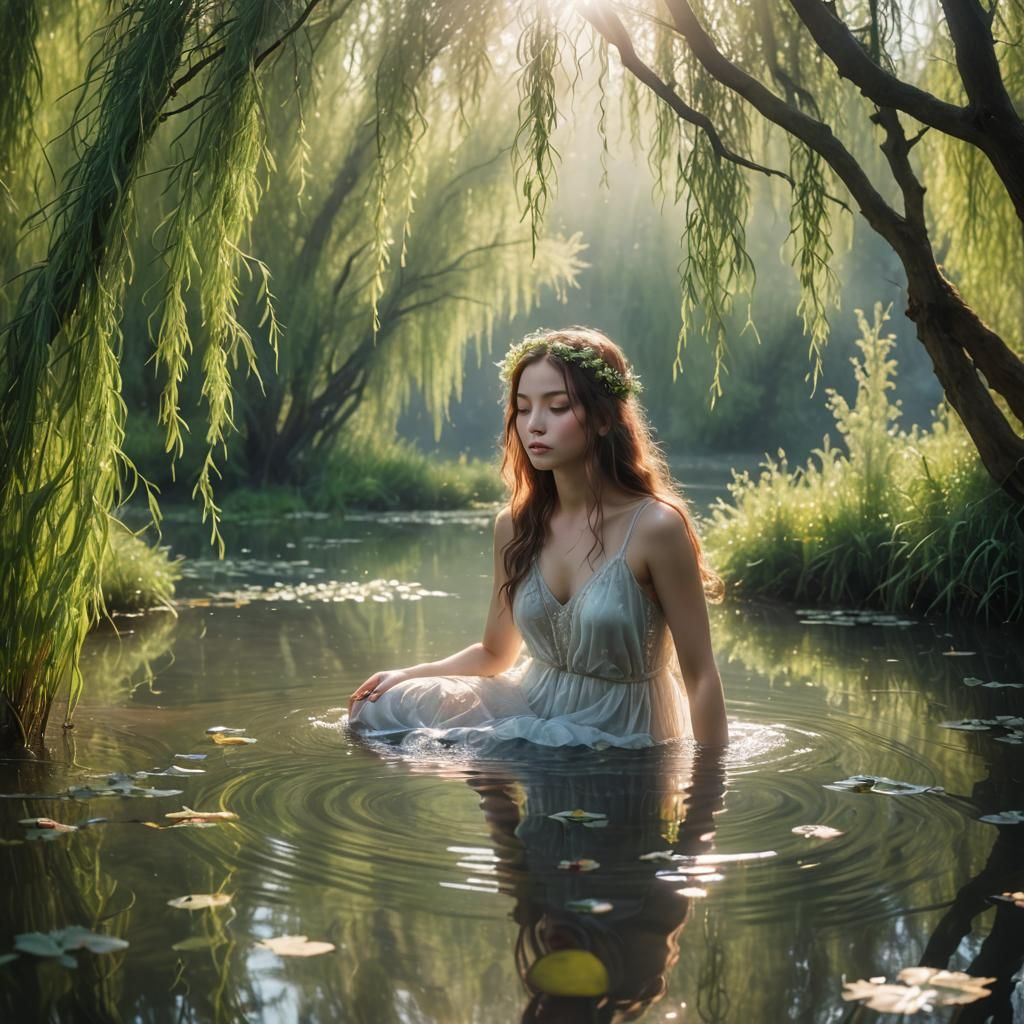 Ethereal Nymph in Misty Willow Pond