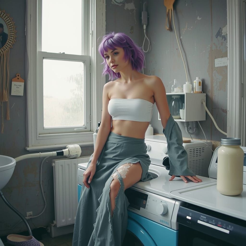 Pinup Woman Posing on Washing Machine