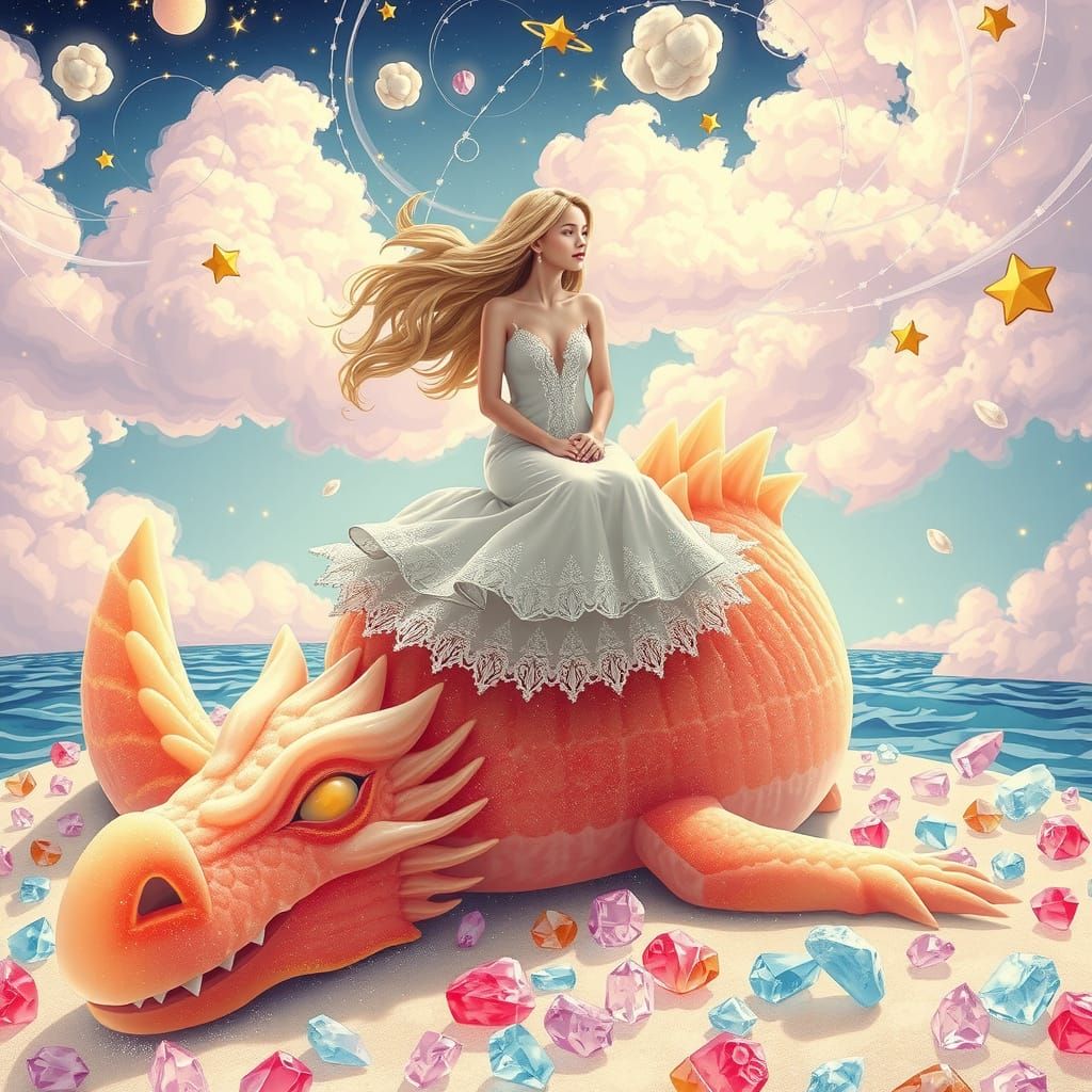 Gummy Dragon and Girl on Candy Beach, Art Nouveau