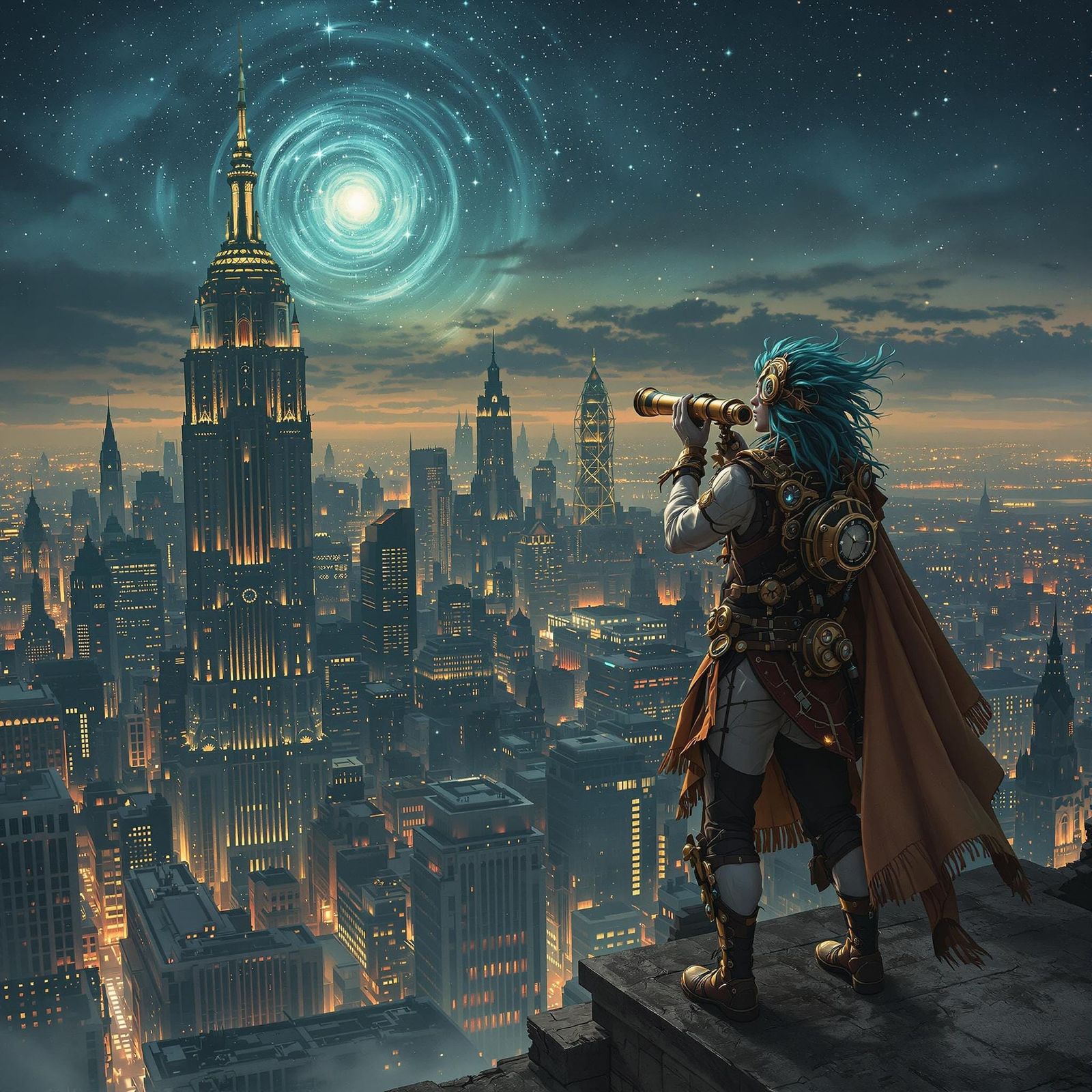 Steampunk Astronomer Observes Stars in Dieselpunk Cityscape