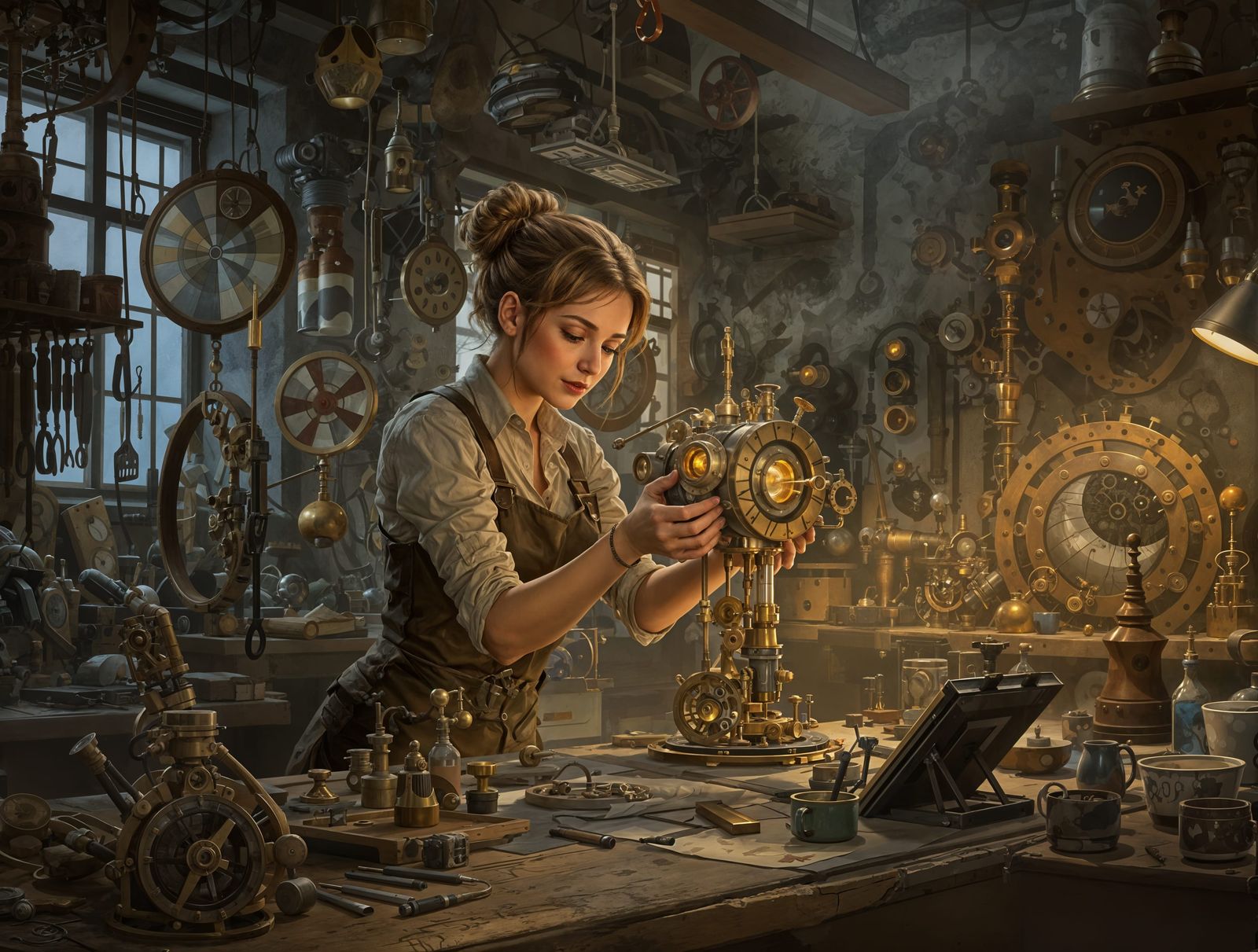 Whimsical Steampunk Inventor in her Workshop