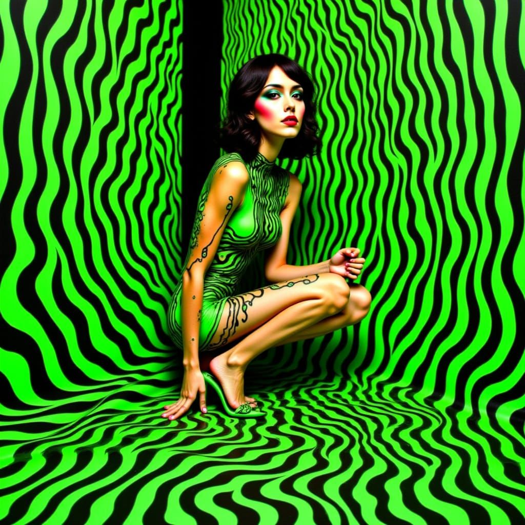 Optical Illusion with Fashion Model in Black and Lime