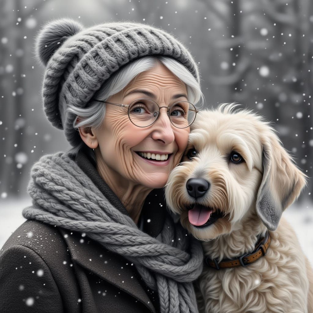 Elderly Woman and Sheepdog in Snowy Folk Art Style