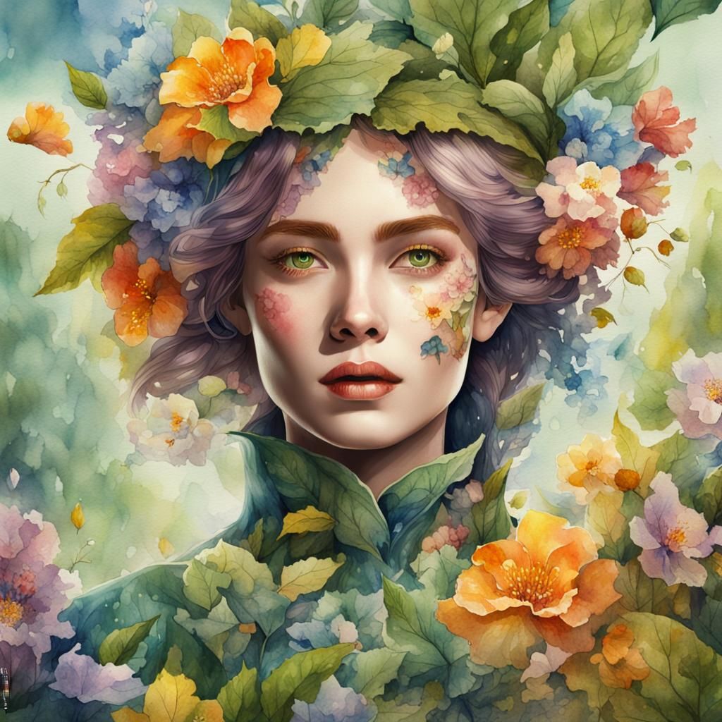 Woman in Spring Flowers Watercolor Painting