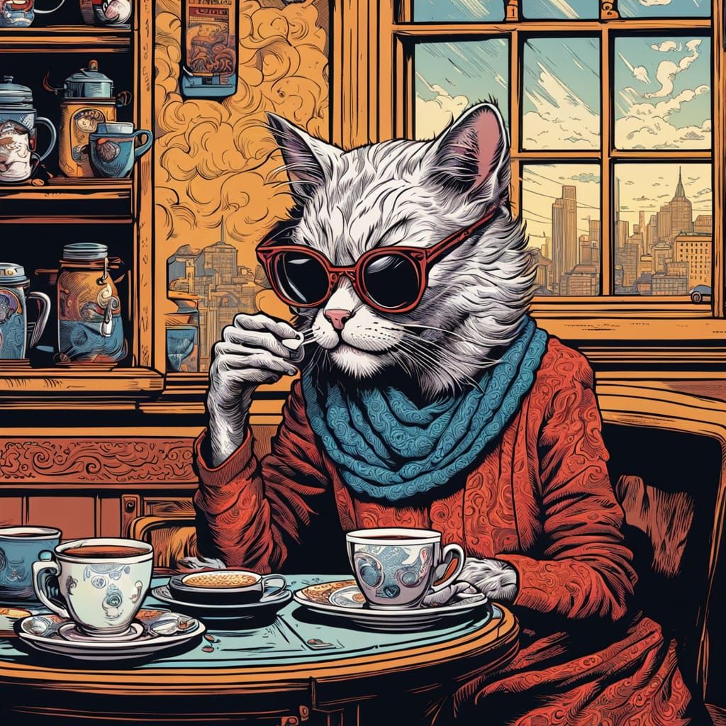 Old Woman in Bikini Sipping Tea, Comic Book Style