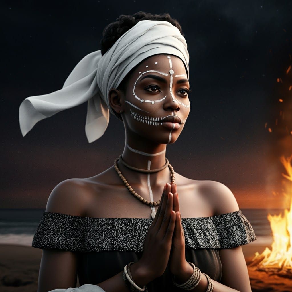 Haitian Voodoo Priestess Portrait with Dramatic Lighting