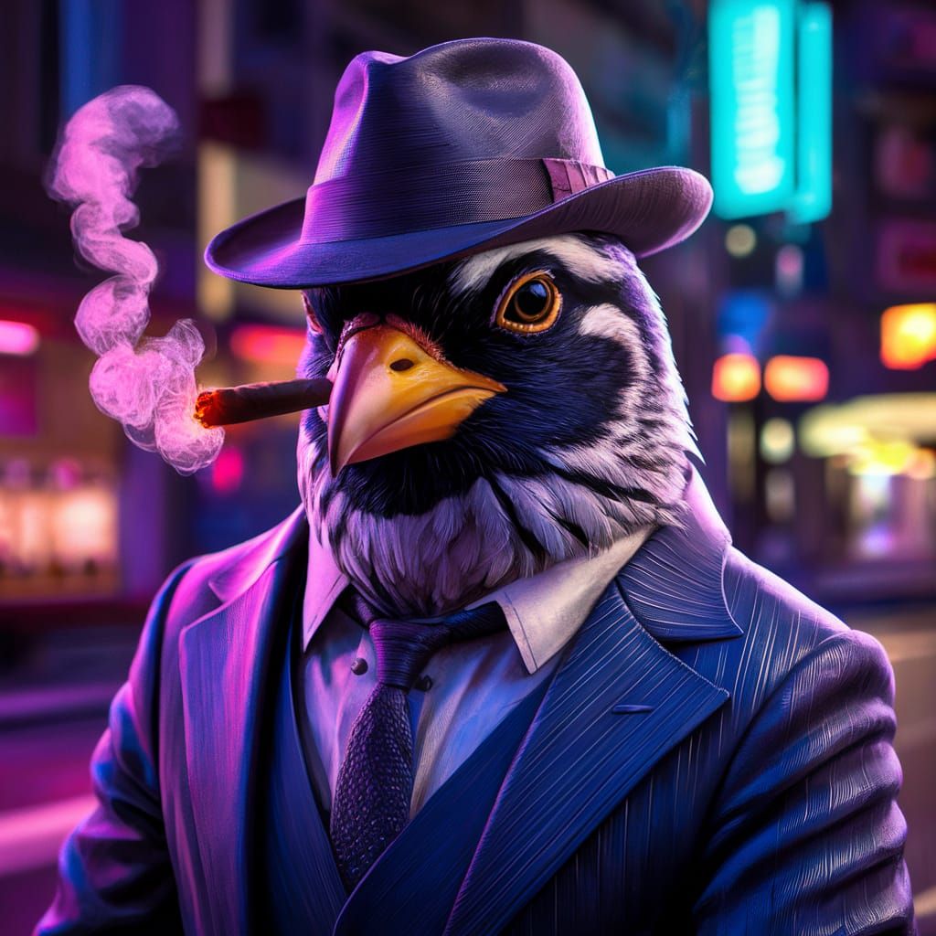 Sparrow Gangster in Neon Cityscape: 8k Concept Art