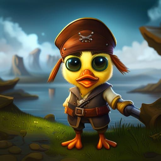 Cartoon Pirate Duckling Illustration in Detailed Matte Paint...
