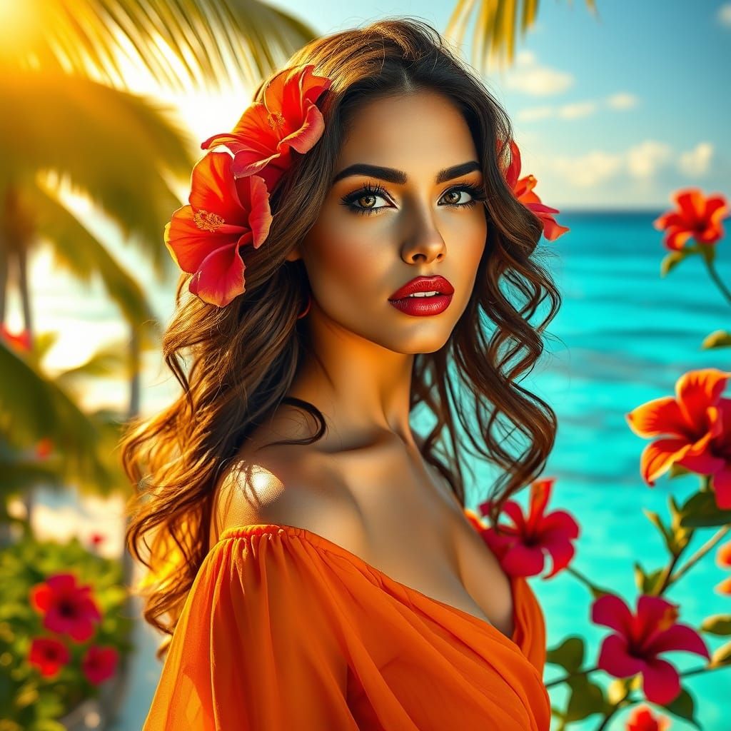 Hyper-Realistic Tropical Goddess Portrait in Vibrant Colors
