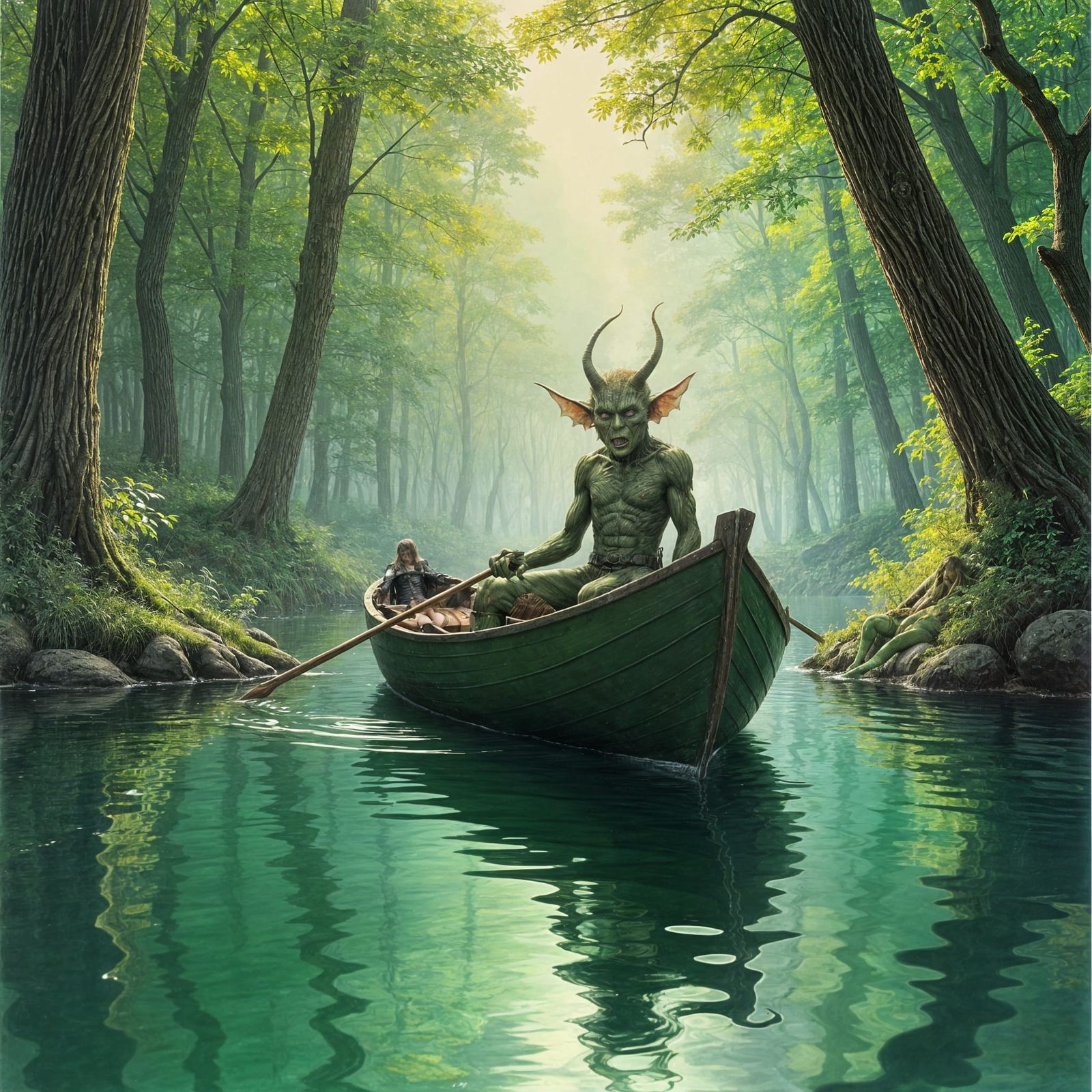 Green Goblin on Forest Lake: Pastel Illustration