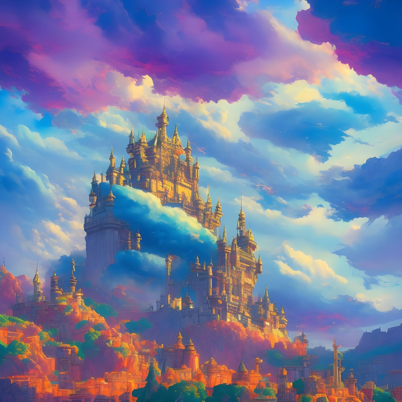 Epic Castle in Colorful Clouds: Digital Illustration