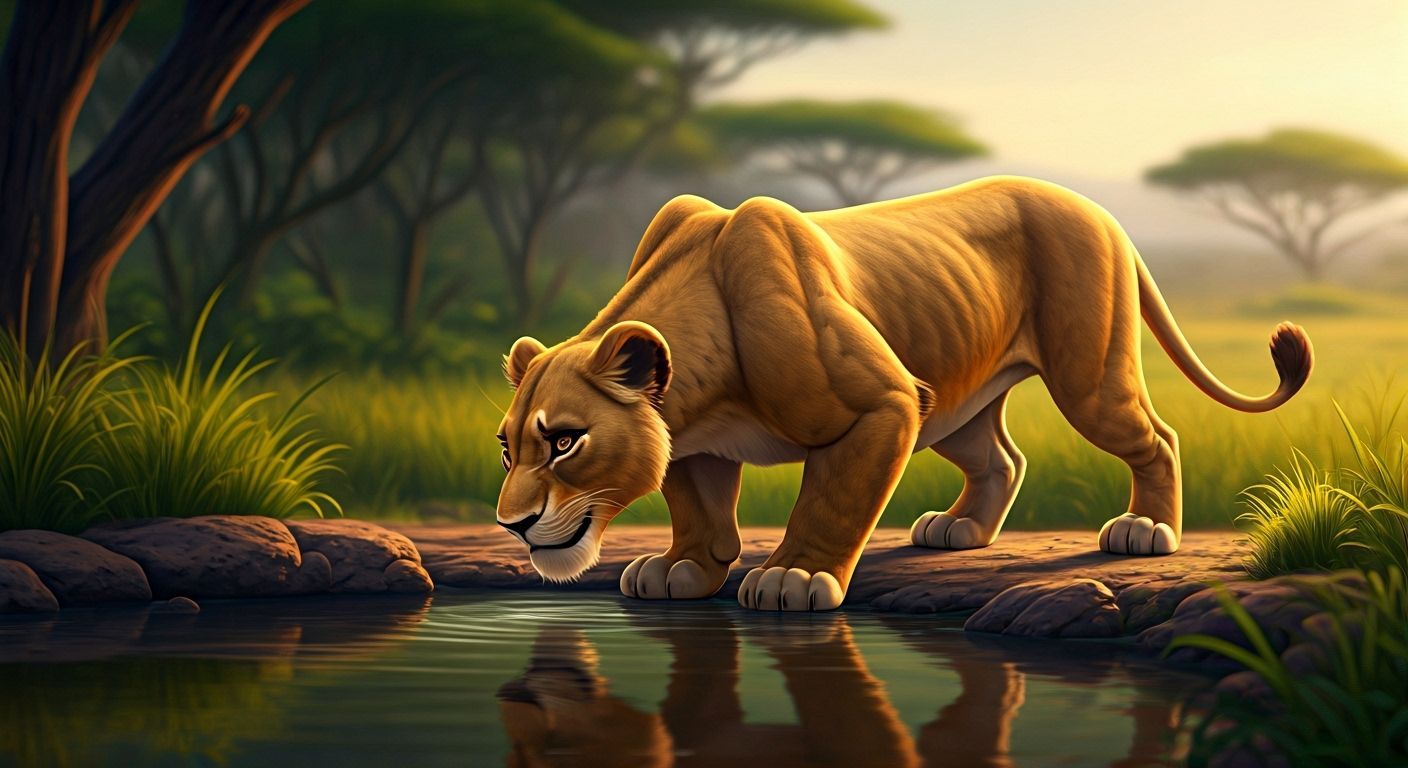Disney Lioness Sipping in Lush Savannah