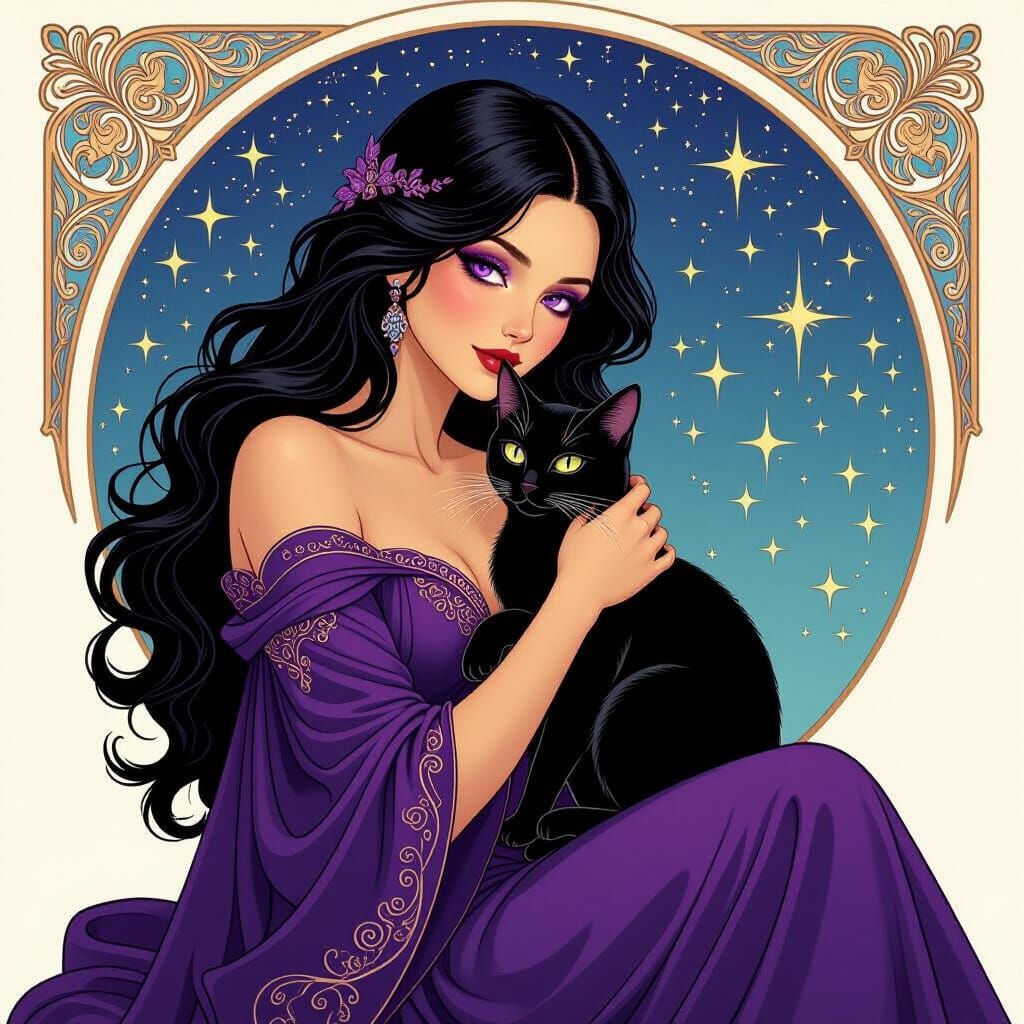 Black-Haired Woman with Cat in Art Nouveau Style