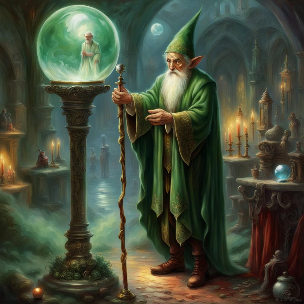 Evil Elf with Crystal Ball in Ethereal Fantasy Style