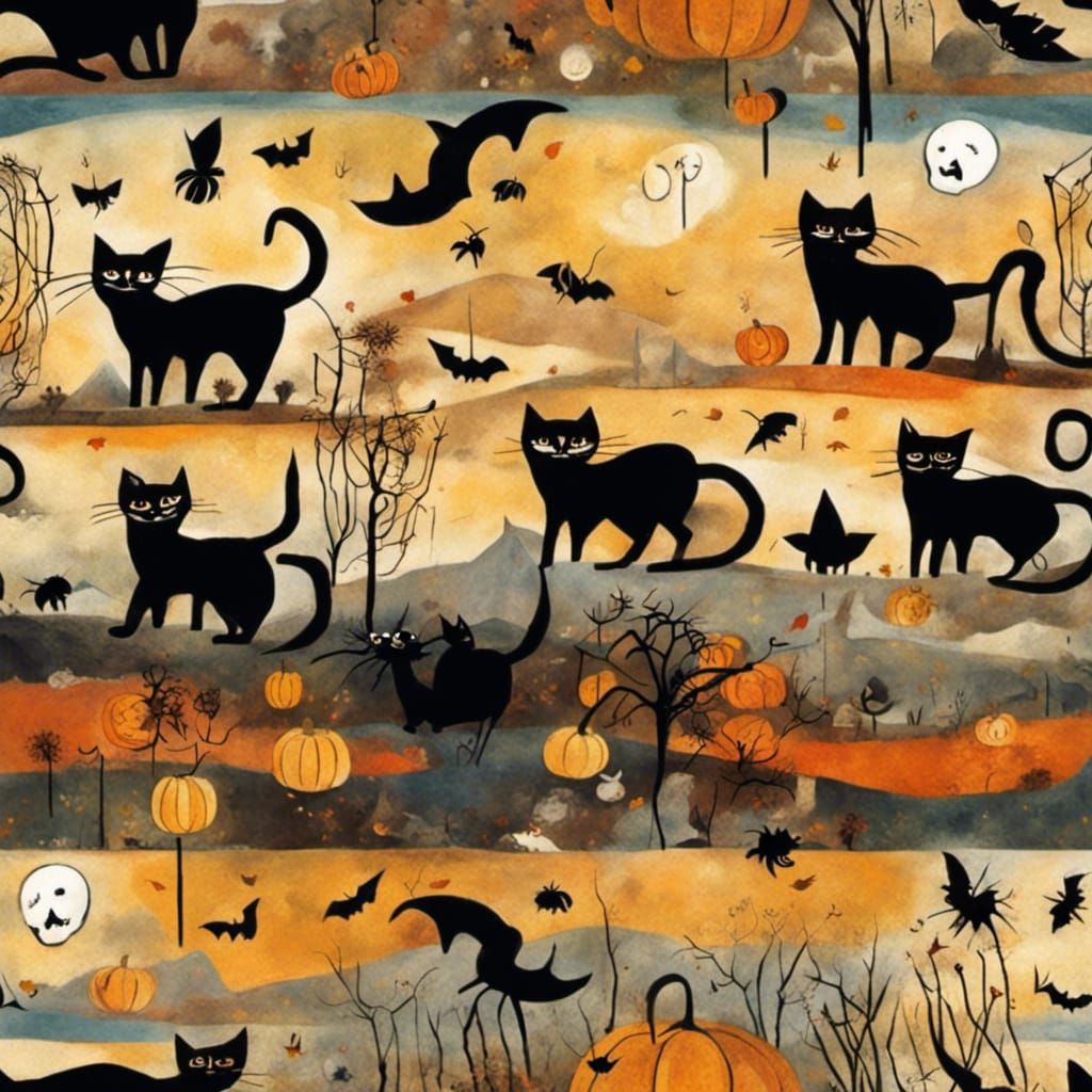 Cats by Rosina Wachtmeister Halloween landscape, Black cats and black bats And spider's webs and skeletons  in an autumn...