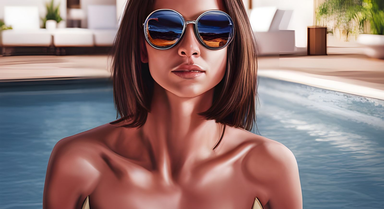 Beautiful Woman by the Pool: Photorealistic Portrait