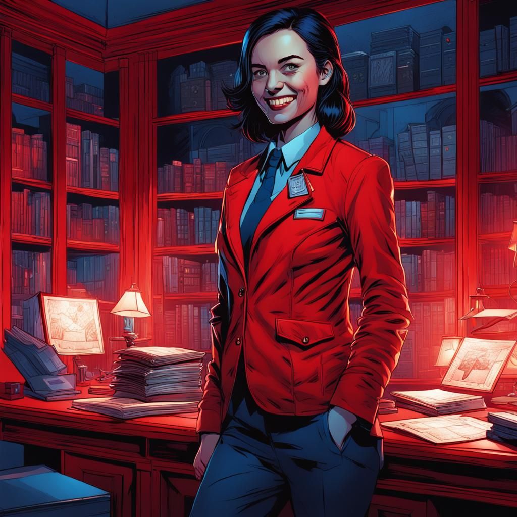 Evil Grin Secretary in Red Room: Digital Painting