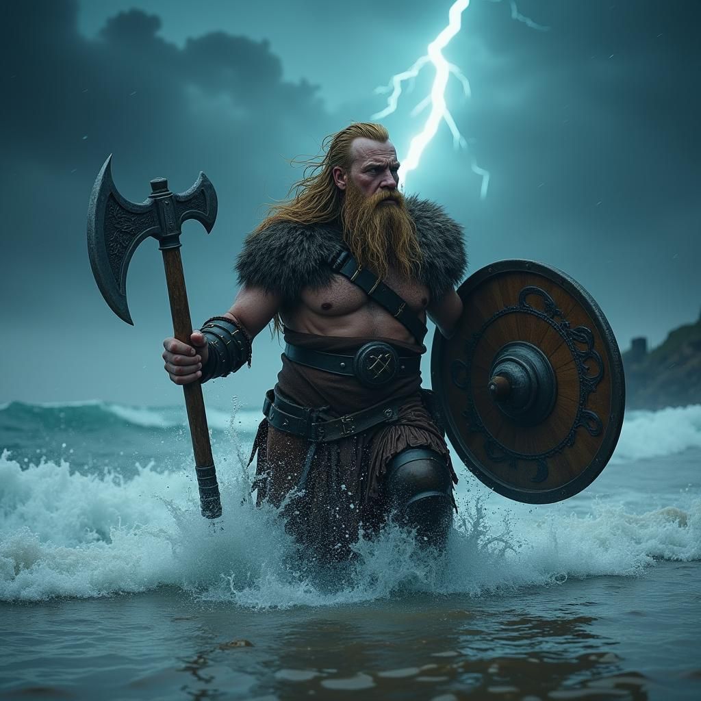 Norse Warrior Emerges from Stormy Sea