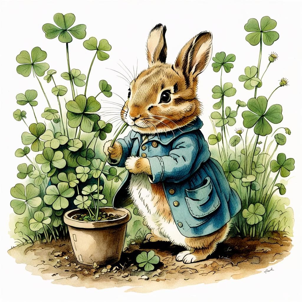 An adorable Luck buny planting four leaf clover, ink drawing for Beatrix Potter