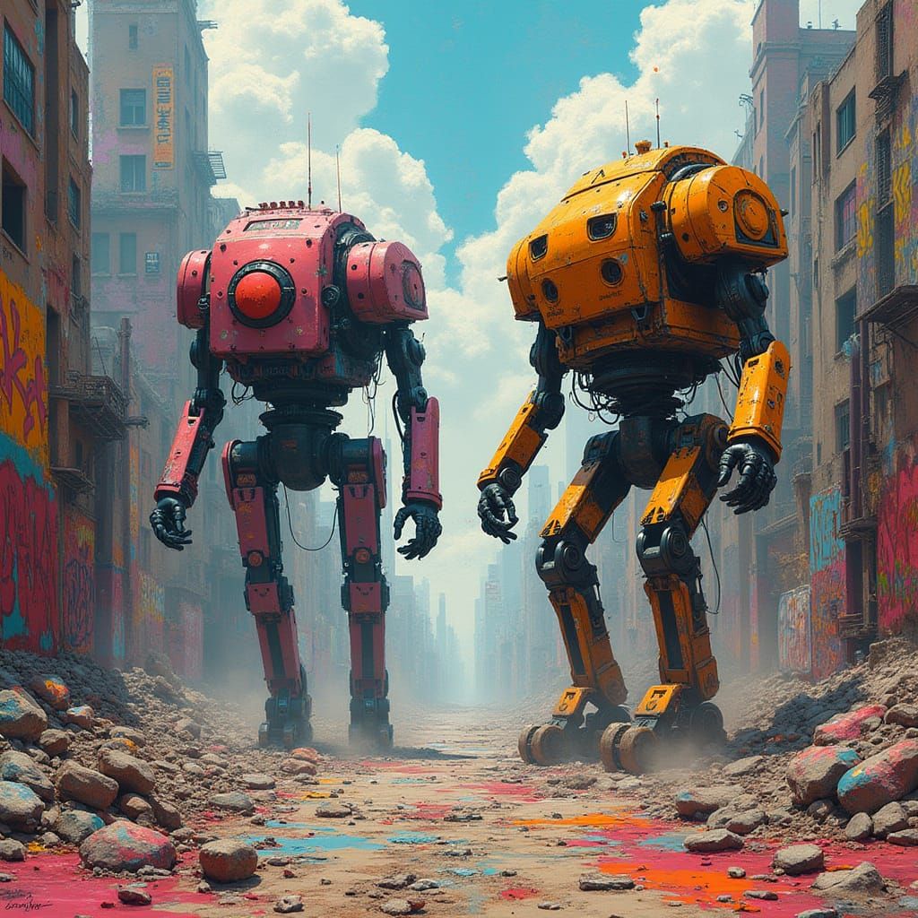 Steel Behemoths Clash in Ruined Cityscape, Syd Mead Style