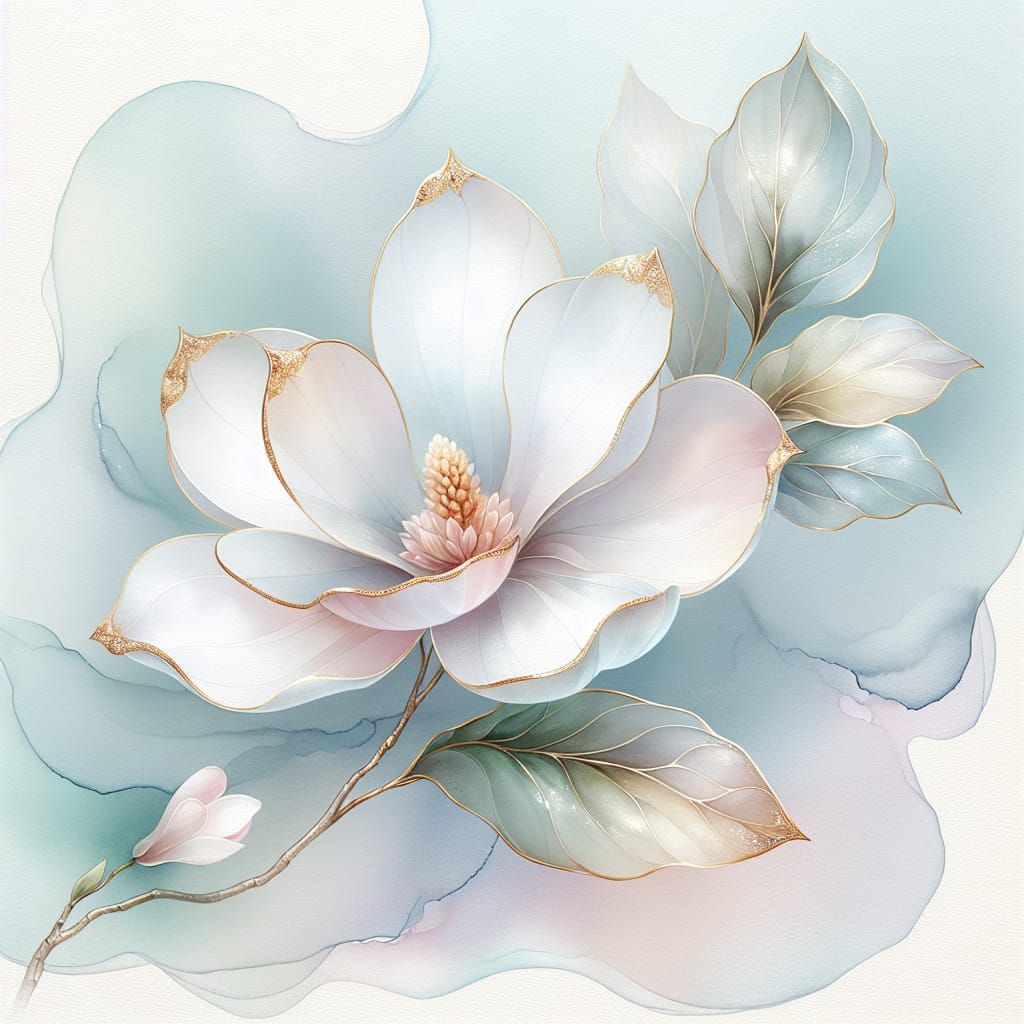 Gilded Translucent Magnolia Flower in Watercolor Style