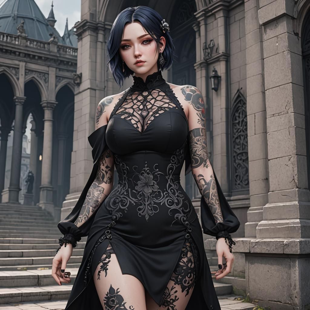 Curvy Goth Girl: Detailed 3D Anime Art
