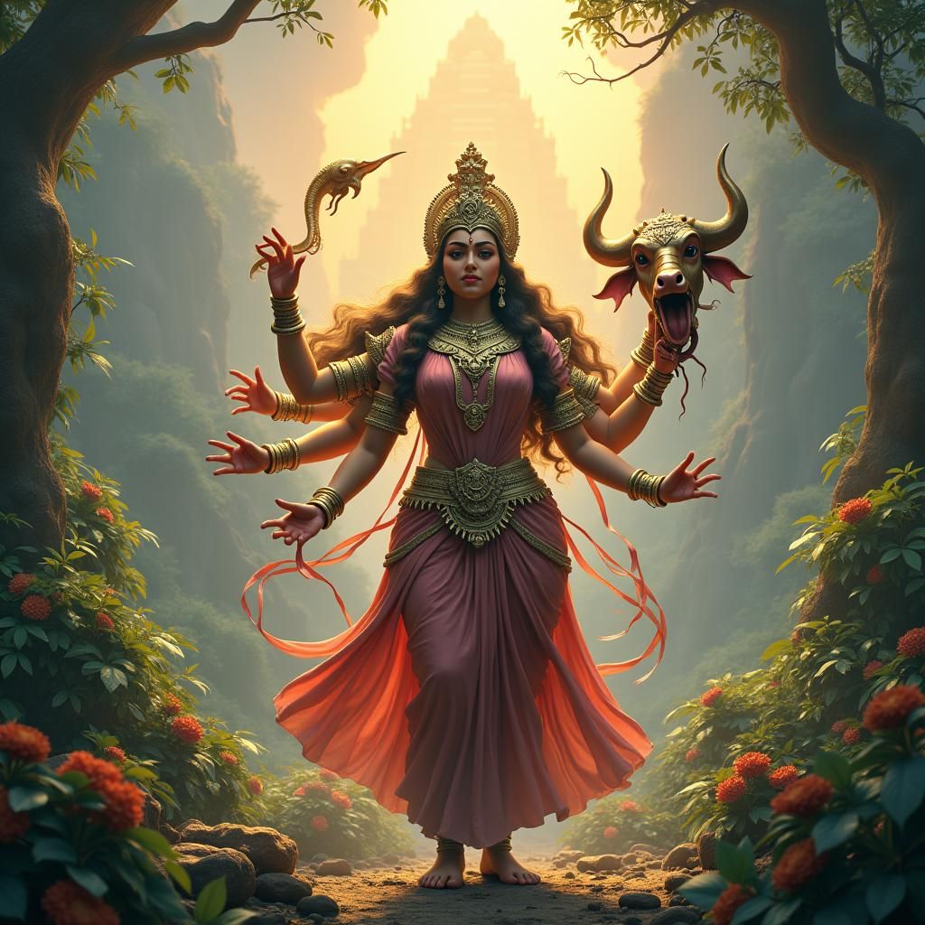 Majestic Durga Maa in Jungle Temple, Hyper-Realistic Art