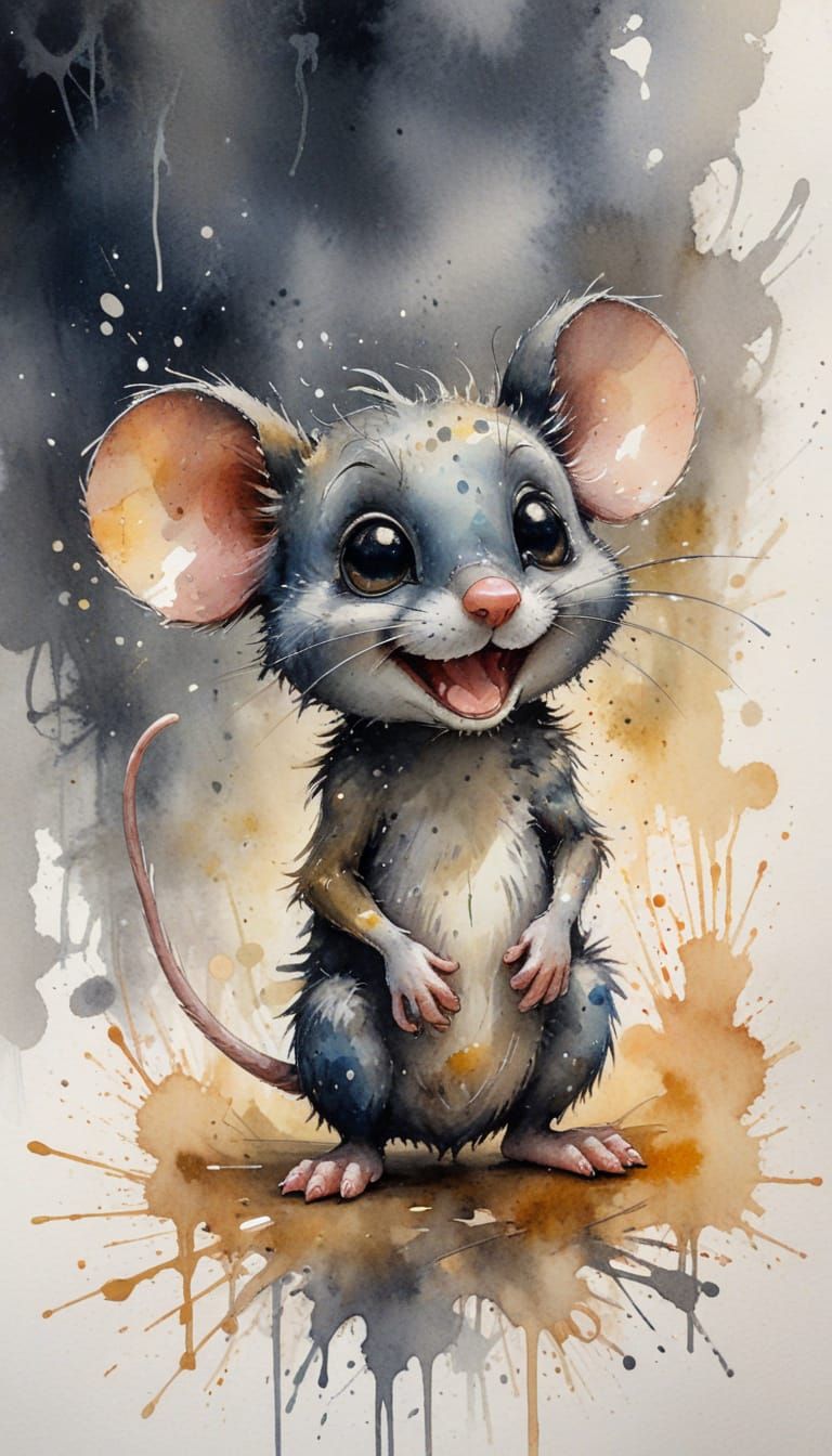 Shy Anthropomorphic Mouse with Watercolor Ink Splatters