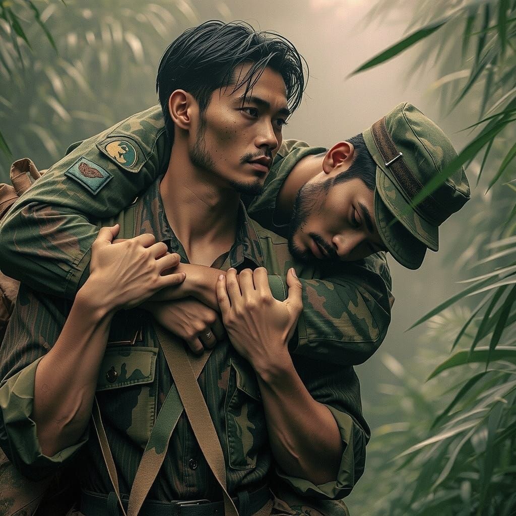 Pre-Raphaelite Film Still of Soldiers in Vietnamese Jungle