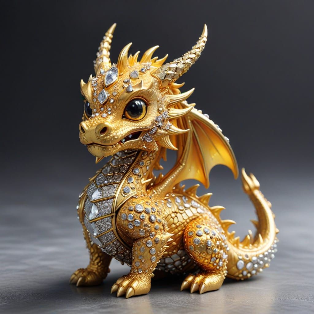 Diamond-Studded Kawaii Golden Dragon