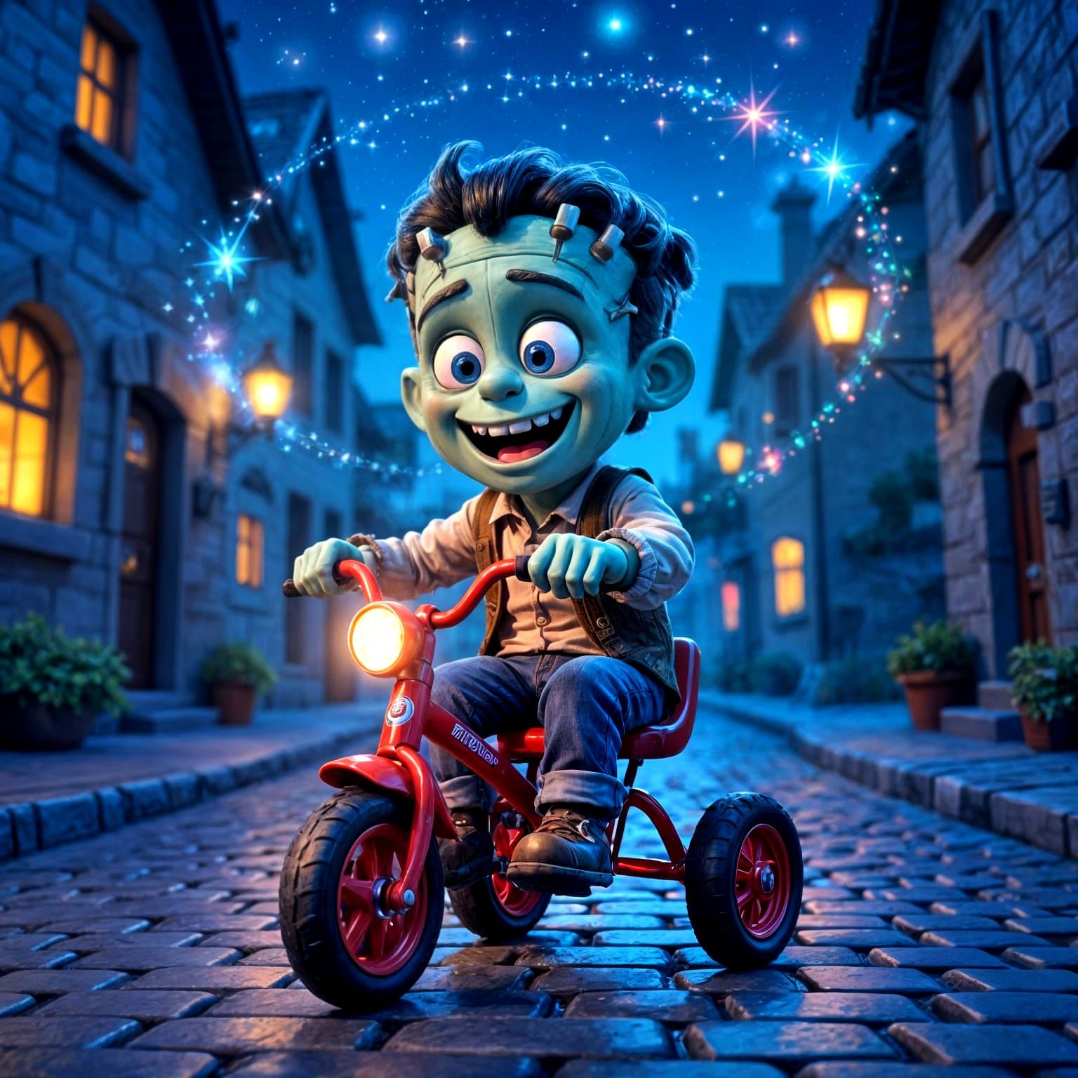 Little Frankenstein Rides Tricycle at Night in Disney Style