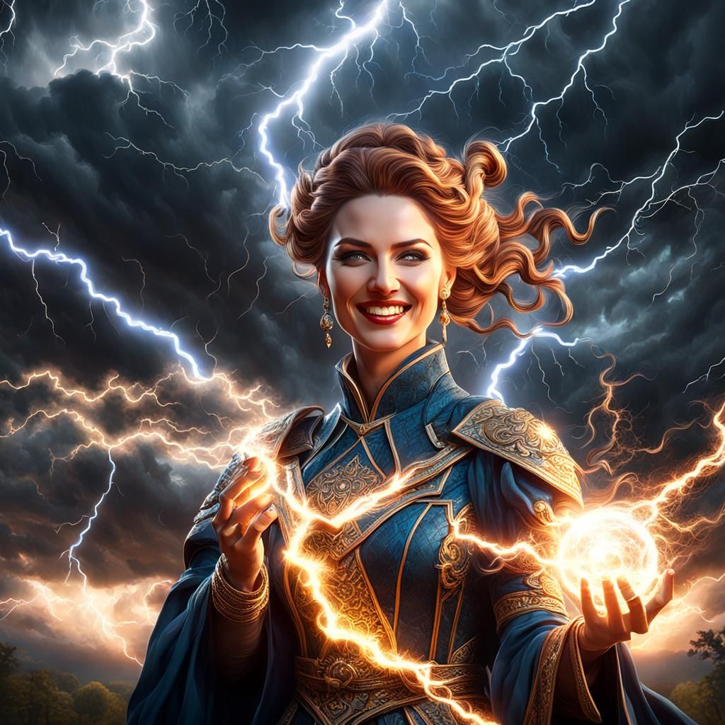 Woman Holding Creation Spark in Storm, Digital Art