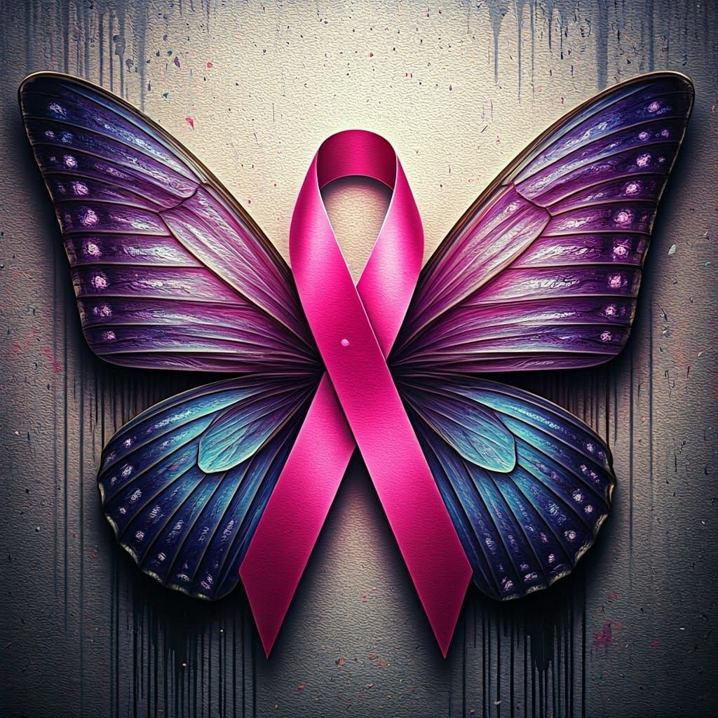 Butterfly with Breast Cancer Ribbon Body, Urban Art Style