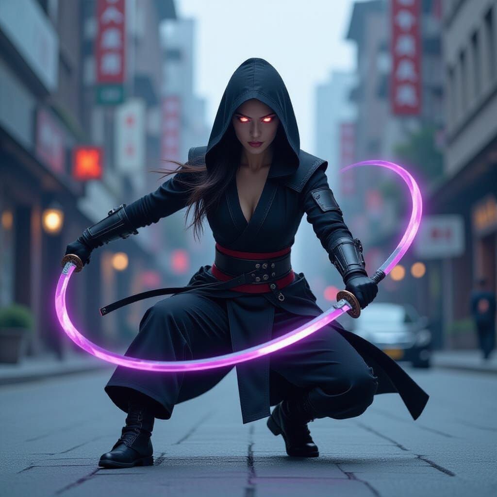 Assassin's Close-Up: Glowing Eyes and Blade Flourish