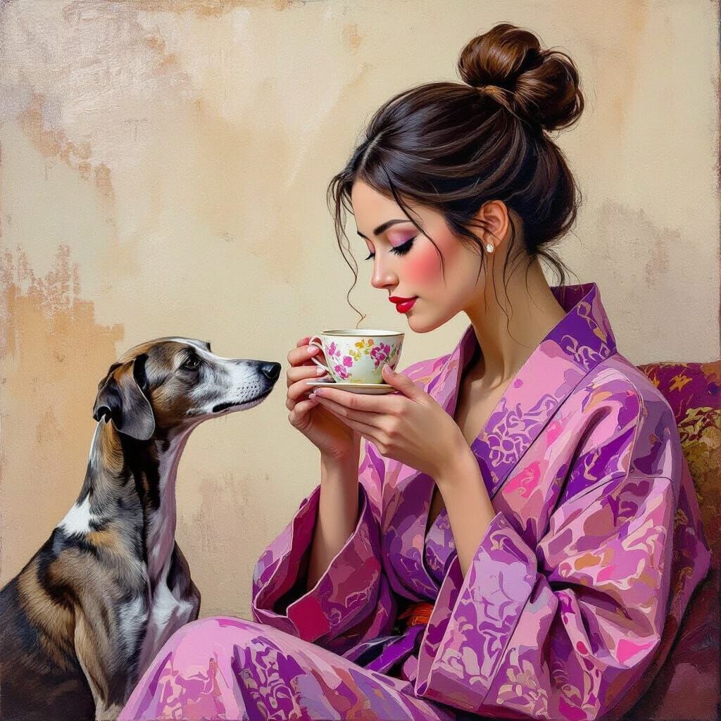 Cozy Moment with Greyhound in Impasto Style