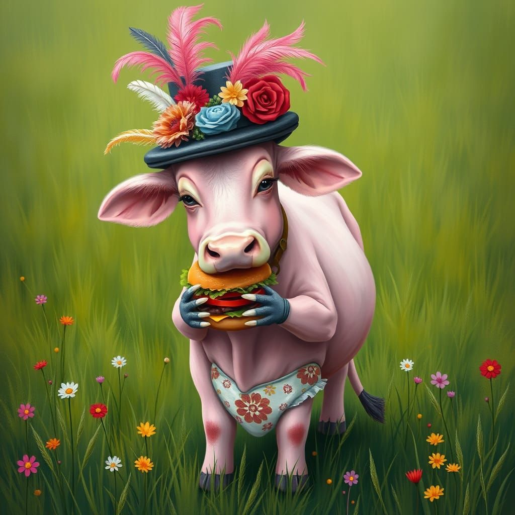 Elegant Pink Cow Enjoys a Hamburger