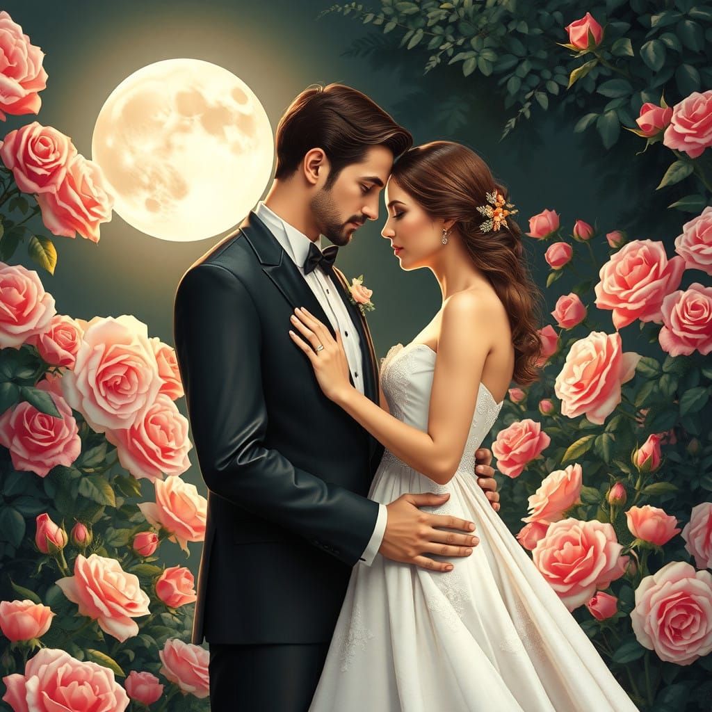 Timeless Romantic Moment in a Rose Garden at Moonlight