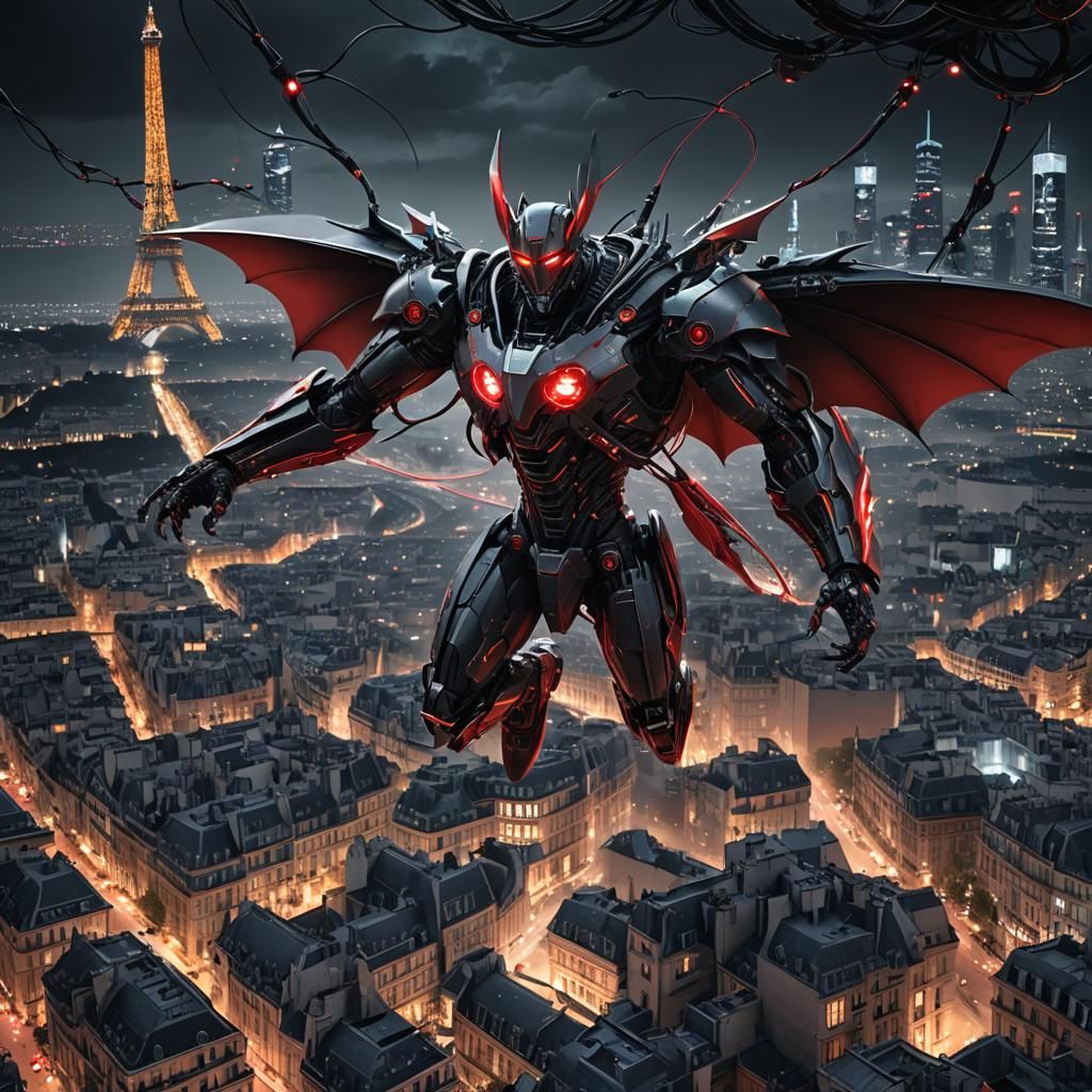 Cyborg Bat Over Cyberpunk Paris at Night