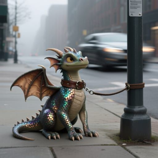 Pet Dragon Sits By Street Sign as Car Speeds Away
