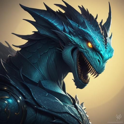 Fluorescent Dragon Roaring, Gold Teeth, Fantasy Art