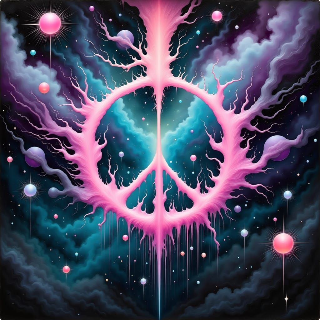 Dreamlike Peace Sign in a Cosmic Fog