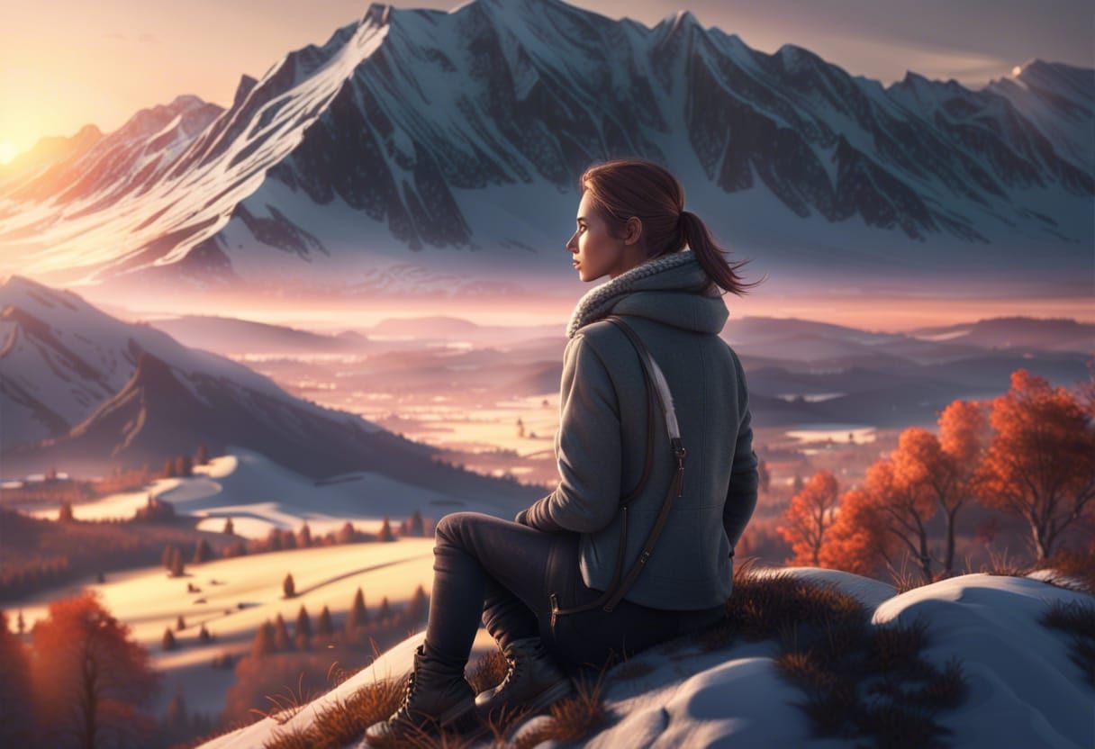 Girl on Hilltop Watching Sunset Landscape