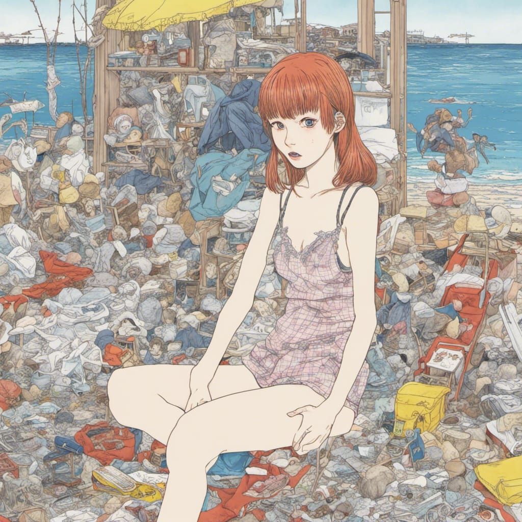 Grotesque Summer Beach House in Manga Style