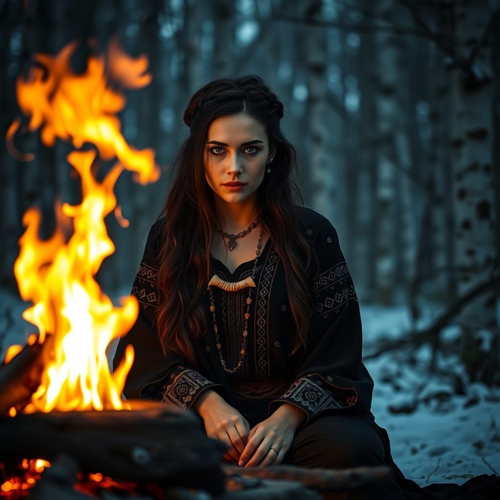 Mystical Slavic Woman by Midnight Campfire